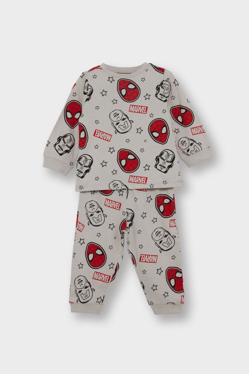 طفل صغير رمادي فاتح سيت بجامة أولادي قطن ممشط ردن طويل و بنطرون مرخص من مارفيل - قطعتين