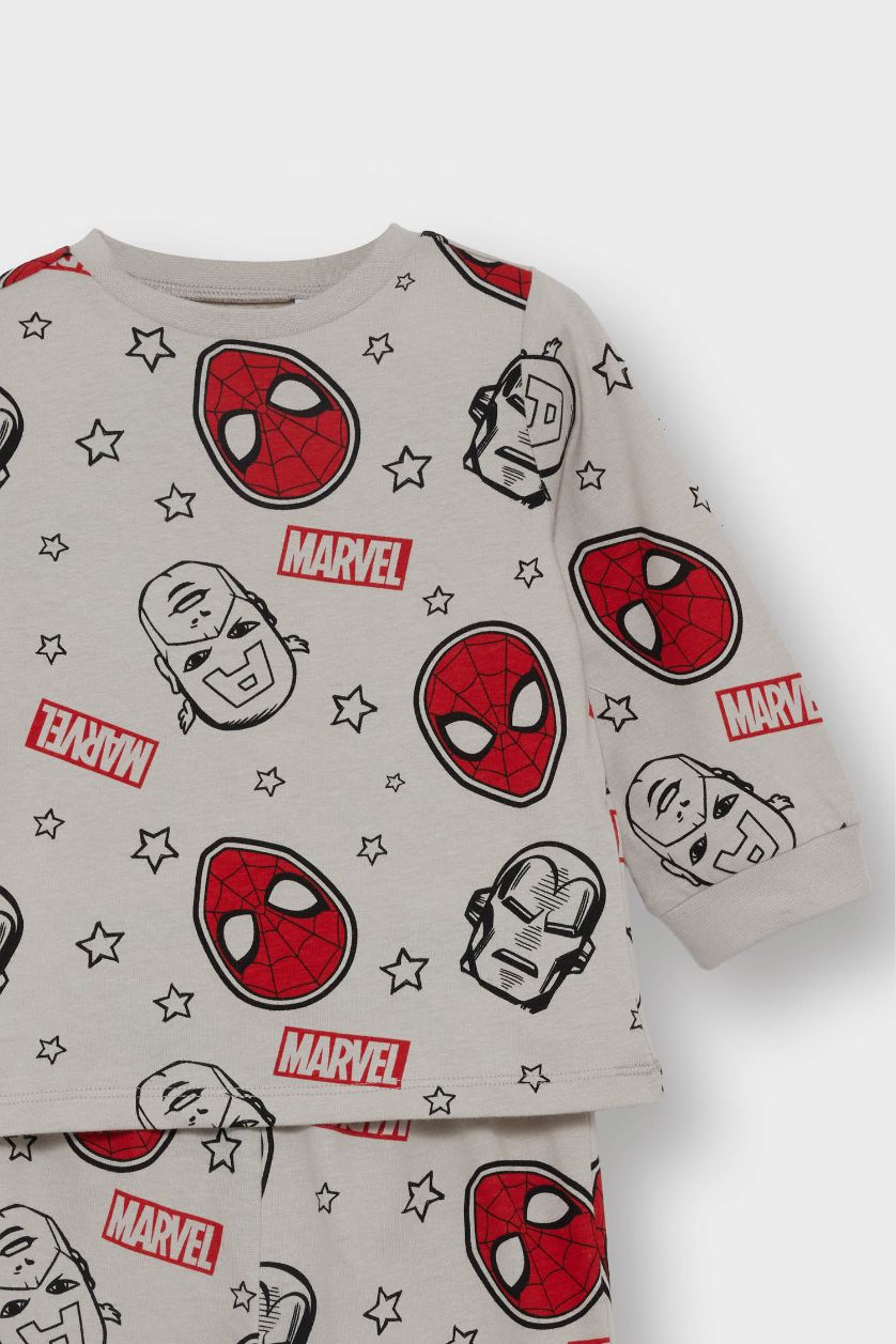 طفل صغير رمادي فاتح سيت بجامة أولادي قطن ممشط ردن طويل و بنطرون مرخص من مارفيل - قطعتين