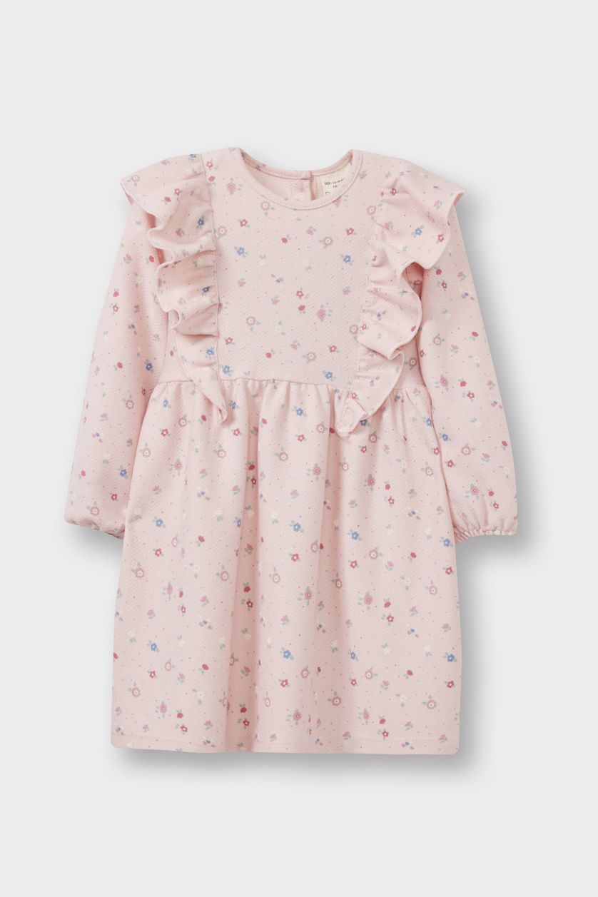 Kız Bebek Açık Pembe Çiçekli Uzun Kollu Elbise Kız Bebek