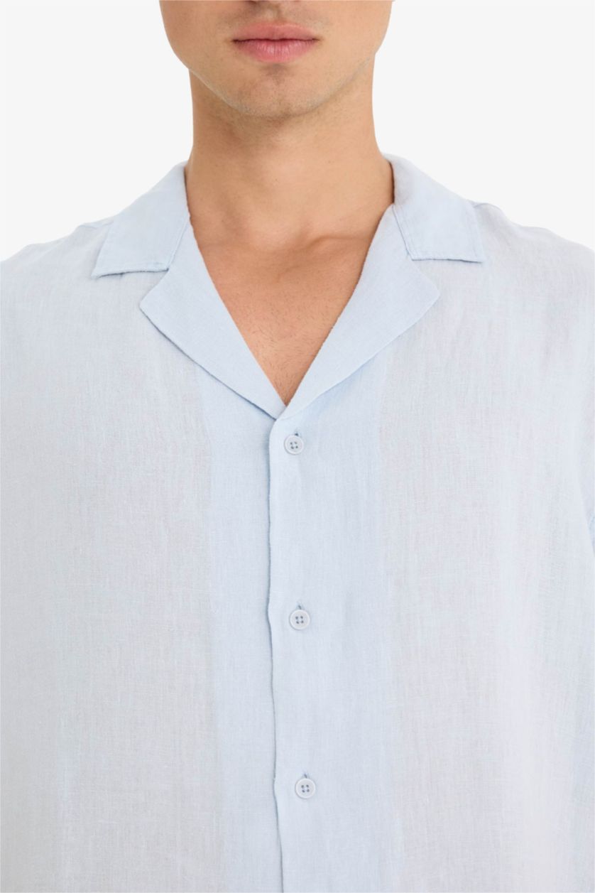 Man Light Blue Linen Relax Fit Open Neck Short Sleeve Shirt