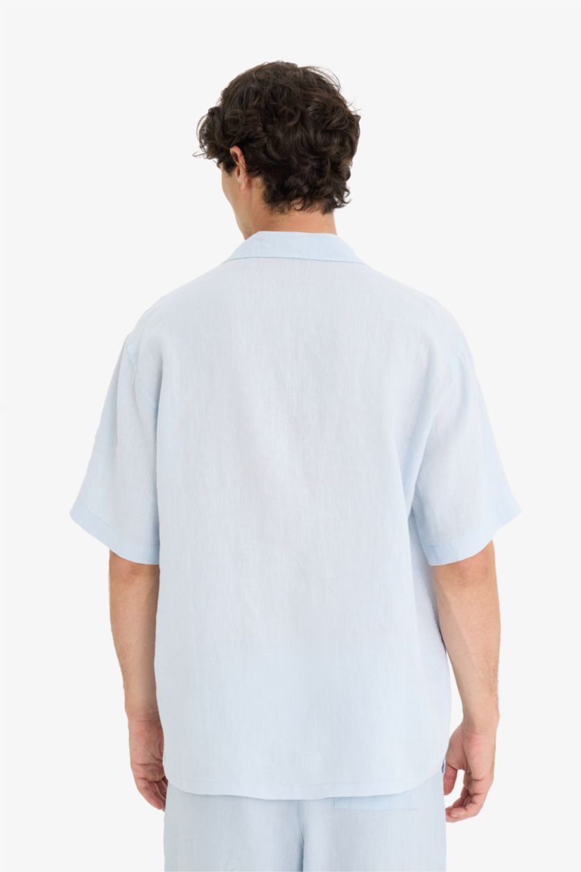 Man Light Blue Linen Relax Fit Open Neck Short Sleeve Shirt