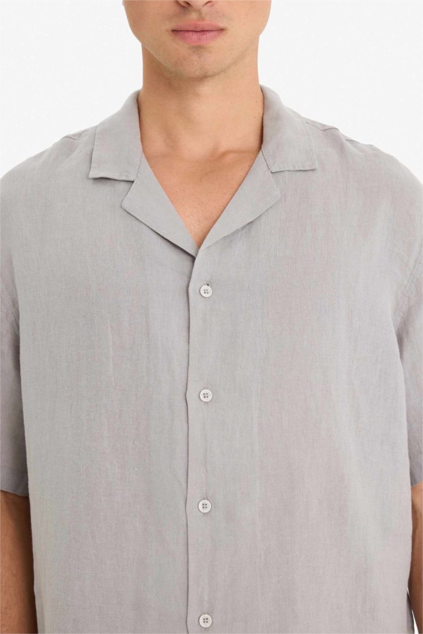 رجال رمادي فاتح قميص كتان نص ردن قصة مريحة وياخة مستديرة