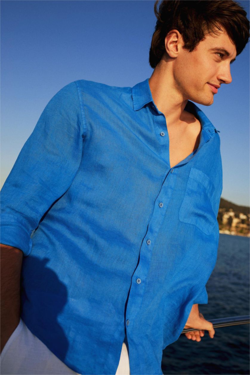 Men Royal 100% Linen Relax Fit Long Sleeve Shirt
