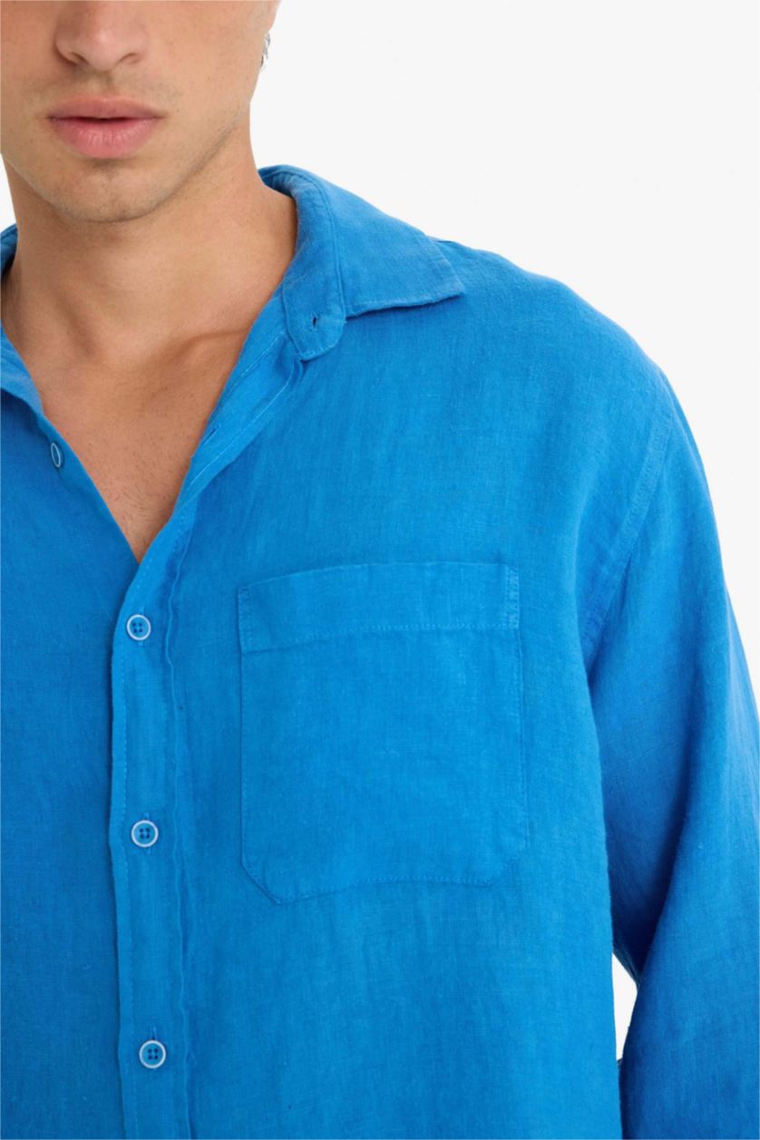 رجال اللون الملكي قميص كتان ردن طويل قصة مريحة