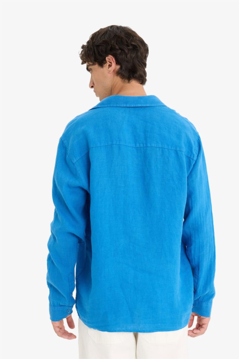 رجال اللون الملكي قميص كتان ردن طويل قصة مريحة