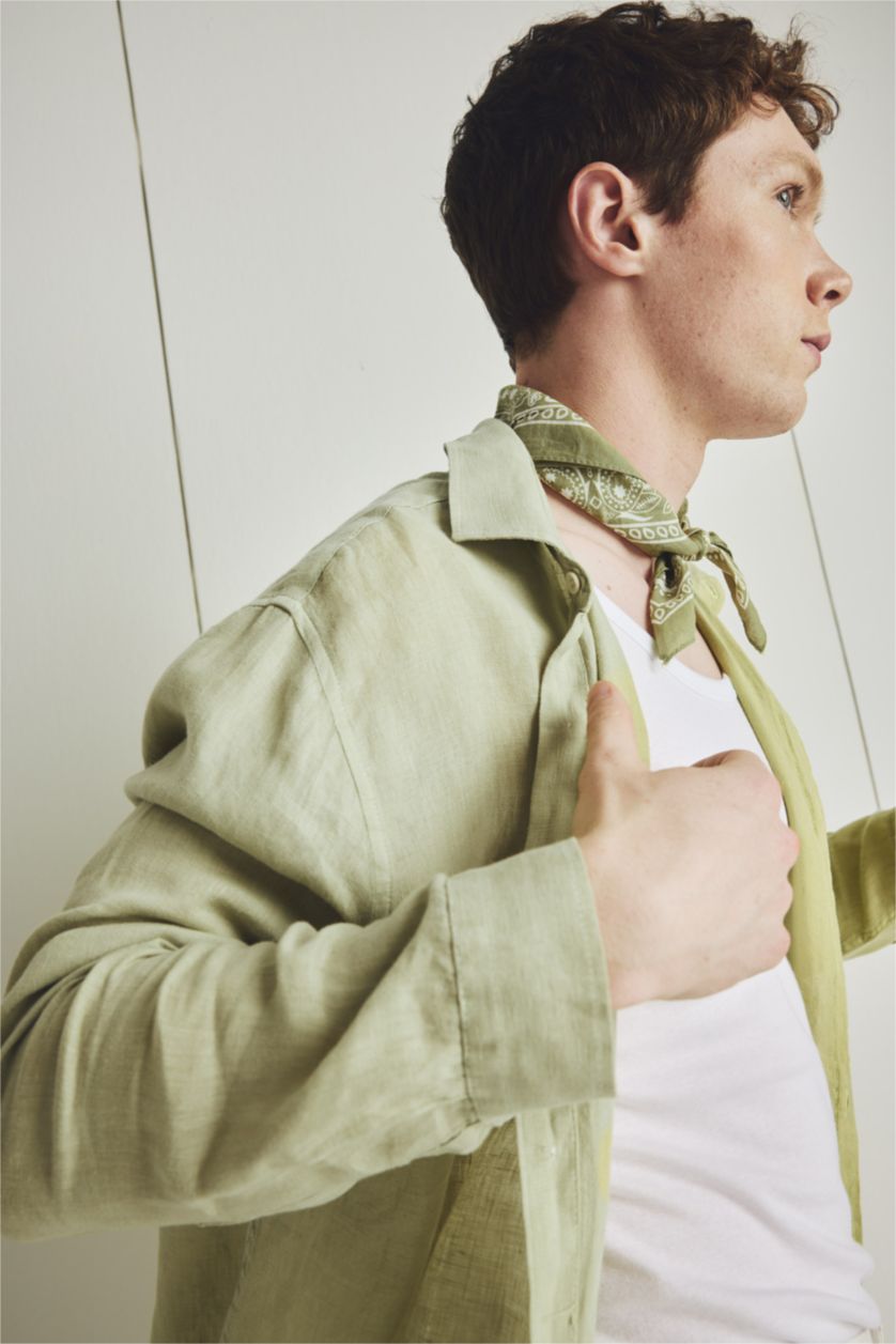 رجال أخضر فاتح 100% Linen Relax Fit Long Sleeve Shirt