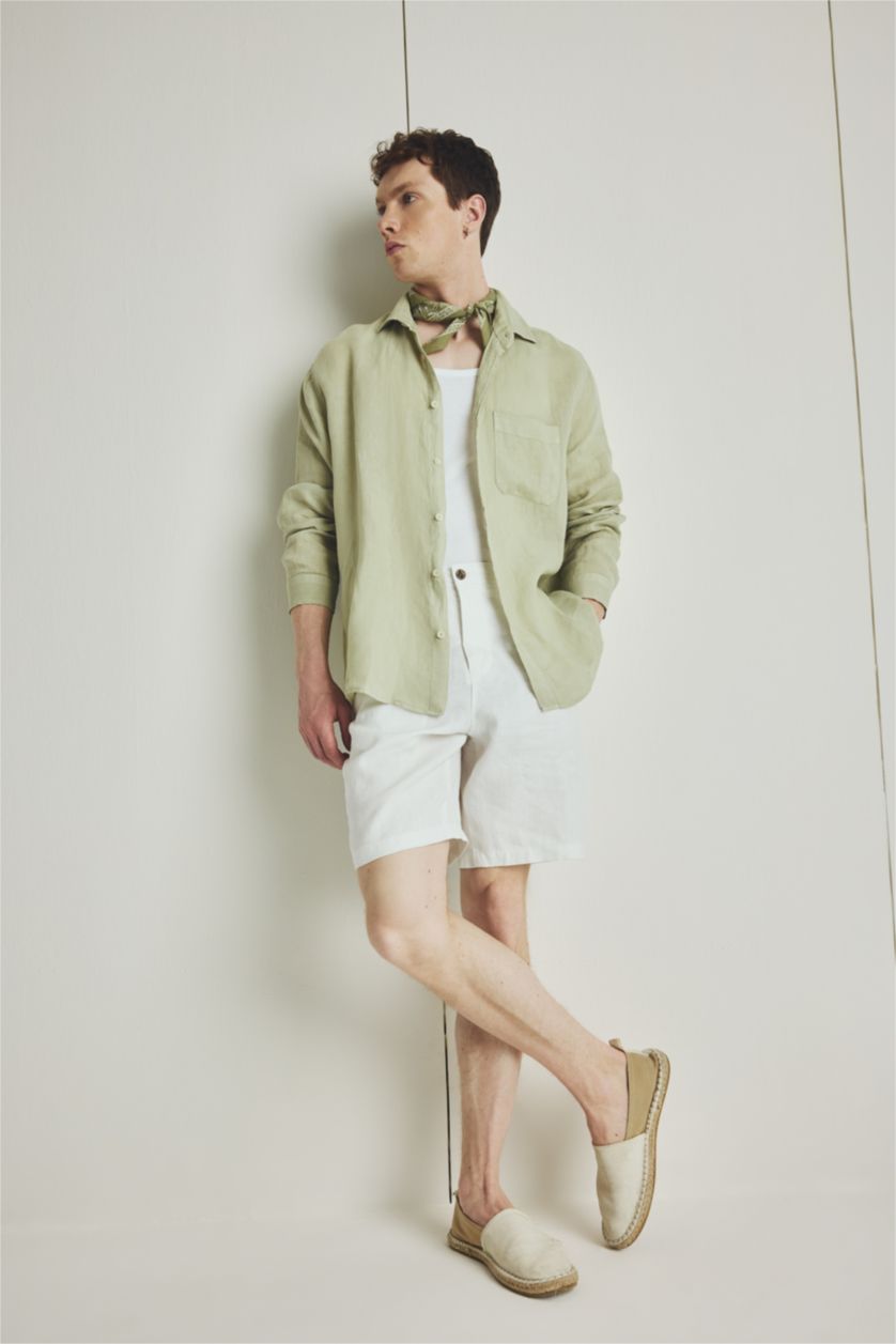 رجال أخضر فاتح 100% Linen Relax Fit Long Sleeve Shirt