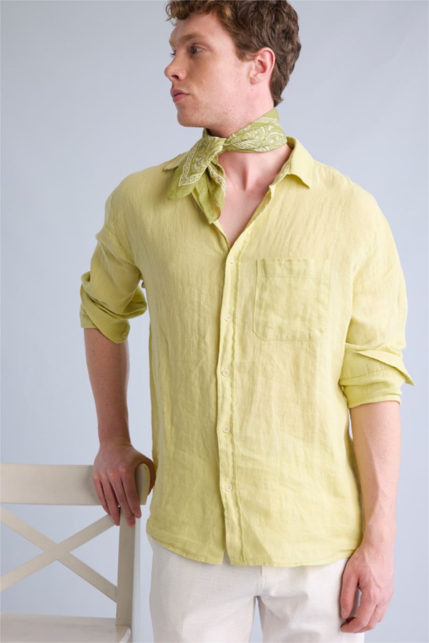 Man Light Green 100% Linen Relax Fit Long Sleeve Shirt
