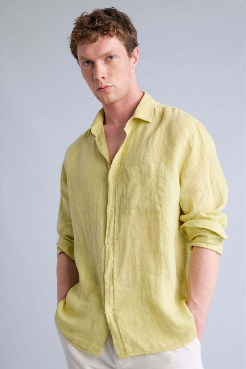 Man Light Green 100% Linen Relax Fit Long Sleeve Shirt