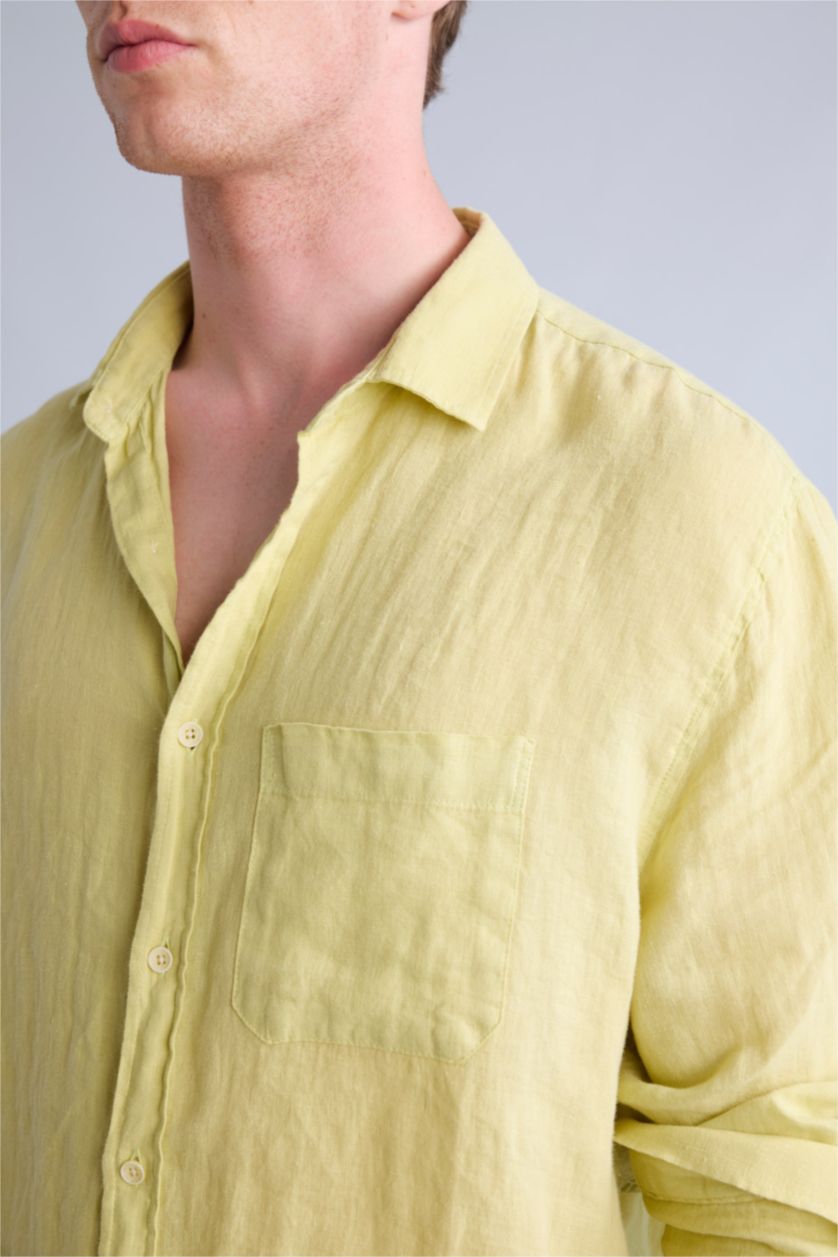 Man Light Green 100% Linen Relax Fit Long Sleeve Shirt