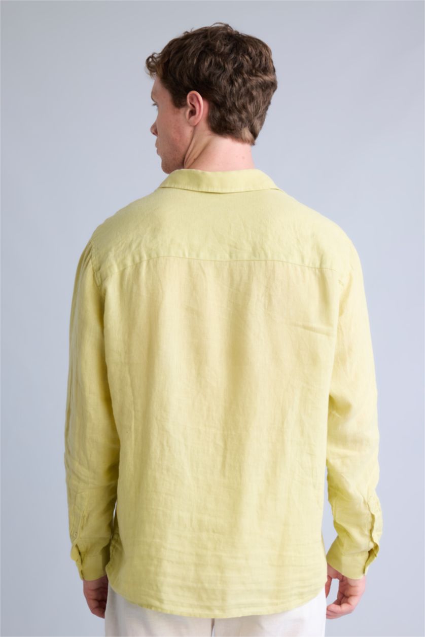 Man Light Green 100% Linen Relax Fit Long Sleeve Shirt