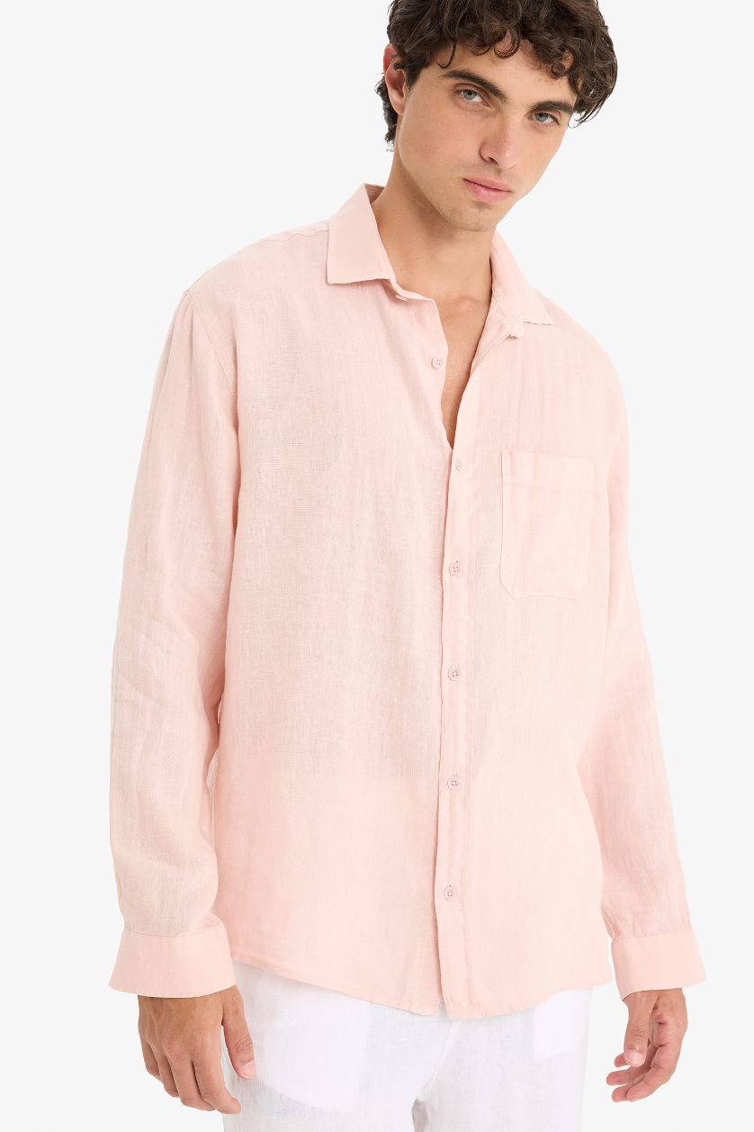 رجالي زهري فاتح قميص كتان كم طويل قصة مريحة