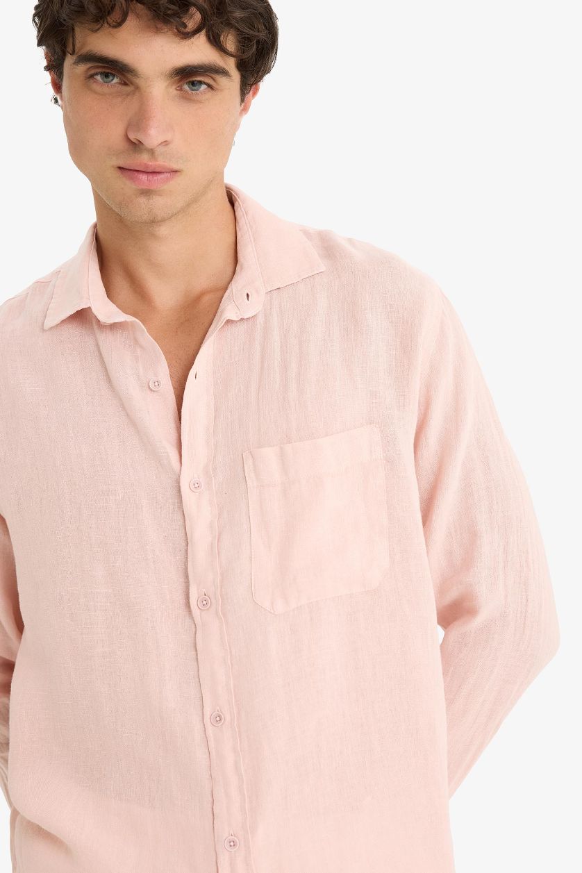 رجالي زهري فاتح قميص كتان كم طويل قصة مريحة