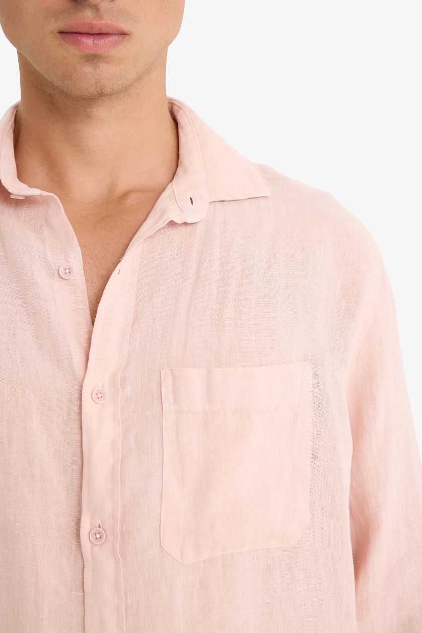 رجالي زهري فاتح قميص كتان كم طويل قصة مريحة