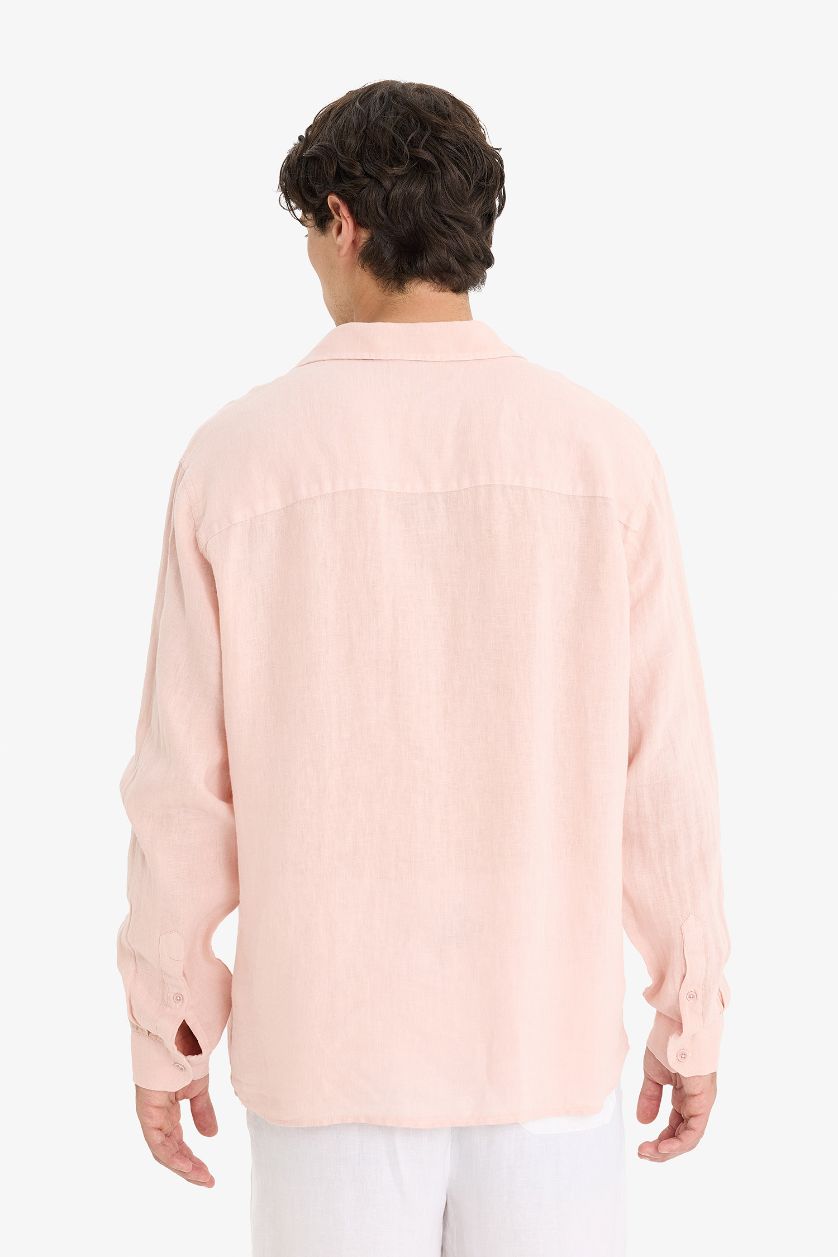 رجالي زهري فاتح قميص كتان كم طويل قصة مريحة