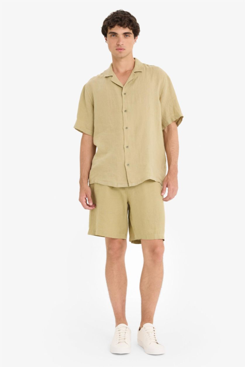Man Light Khaki Relax Fit Linen Bermuda Shorts