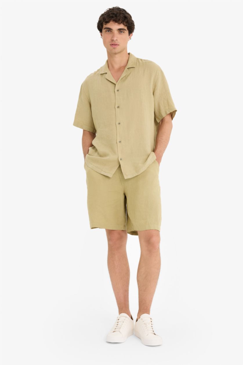 Man Light Khaki Relax Fit Linen Bermuda Shorts