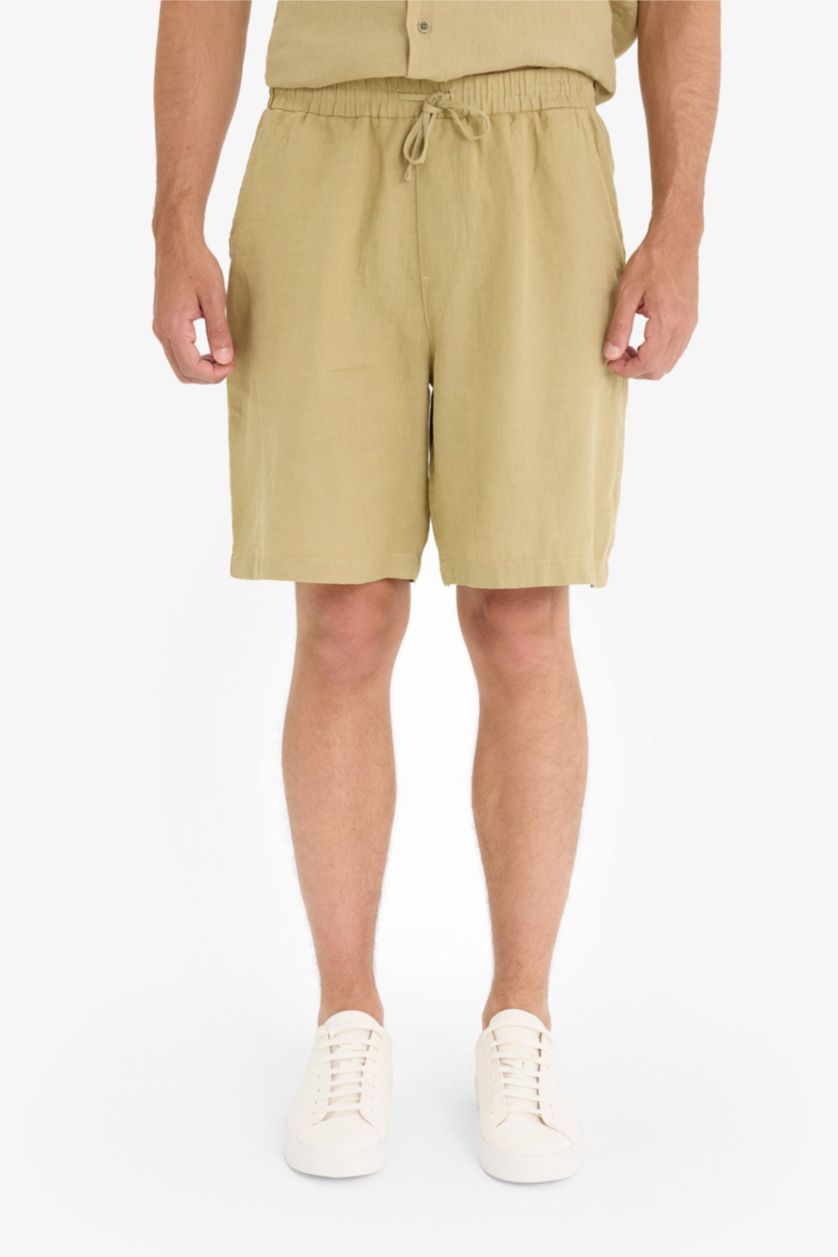 Man Light Khaki Relax Fit Linen Bermuda Shorts