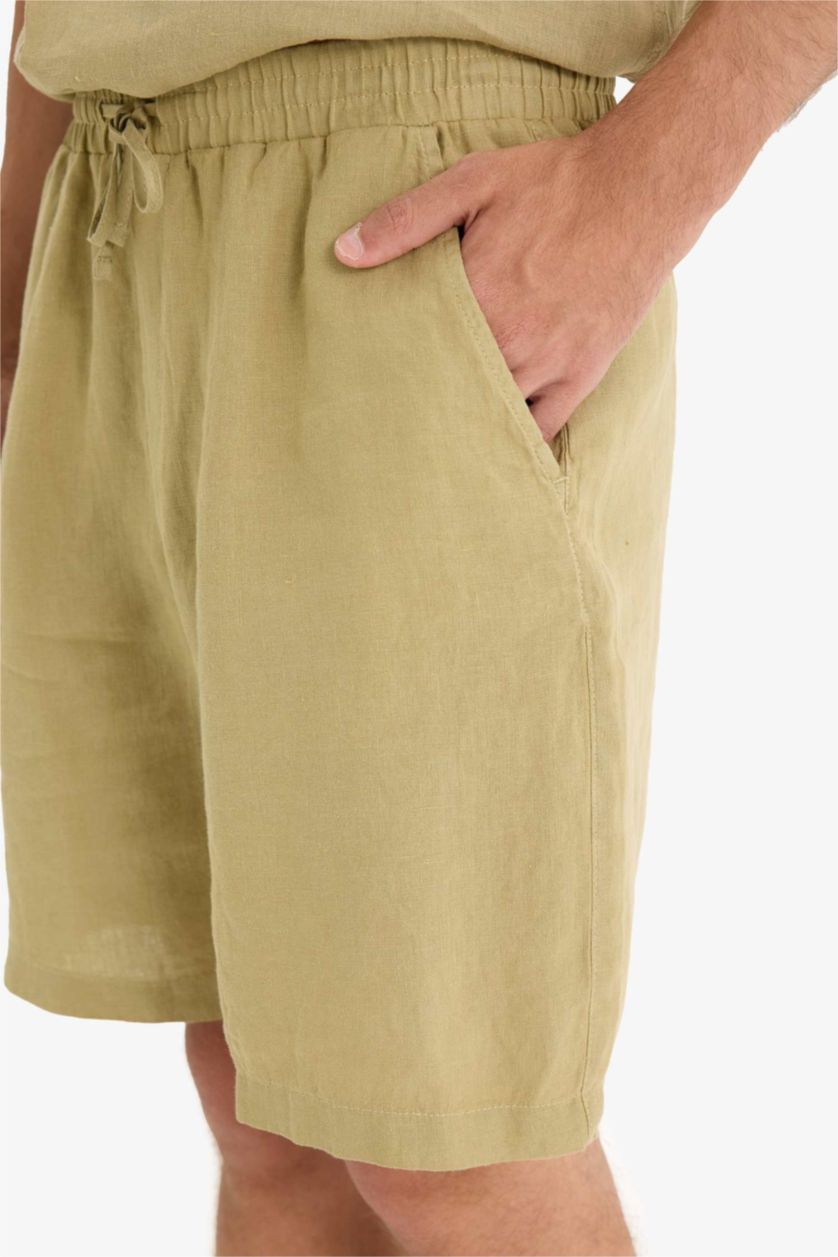 Man Light Khaki Relax Fit Linen Bermuda Shorts
