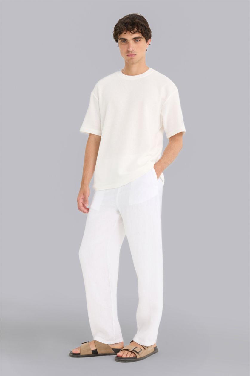 Erkek Beyaz %100 Keten Relax Fit Üç Cepli Geniş Paça Pantolon