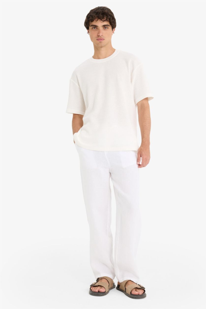 Erkek Beyaz %100 Keten Relax Fit Üç Cepli Geniş Paça Pantolon