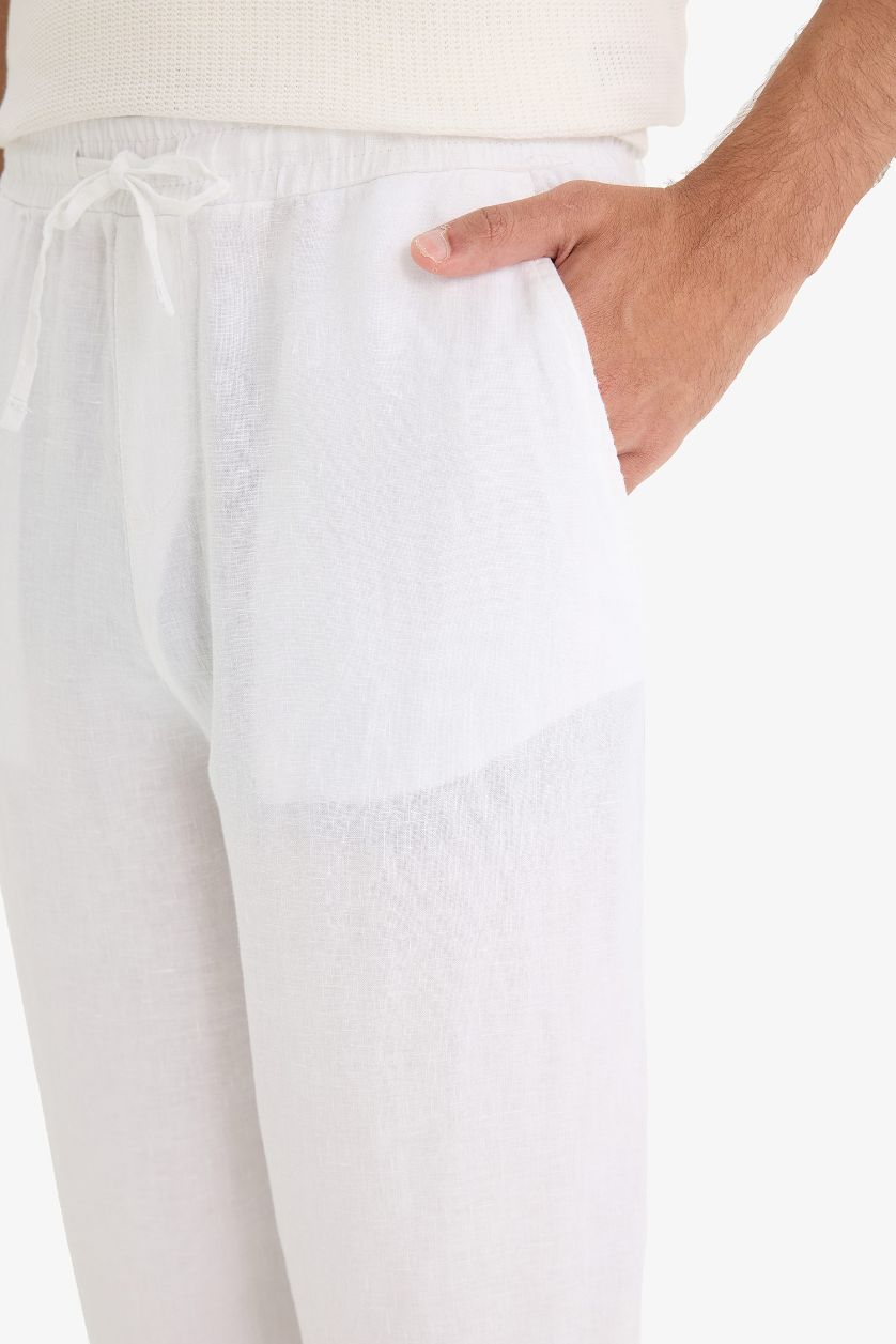 Erkek Beyaz %100 Keten Relax Fit Üç Cepli Geniş Paça Pantolon