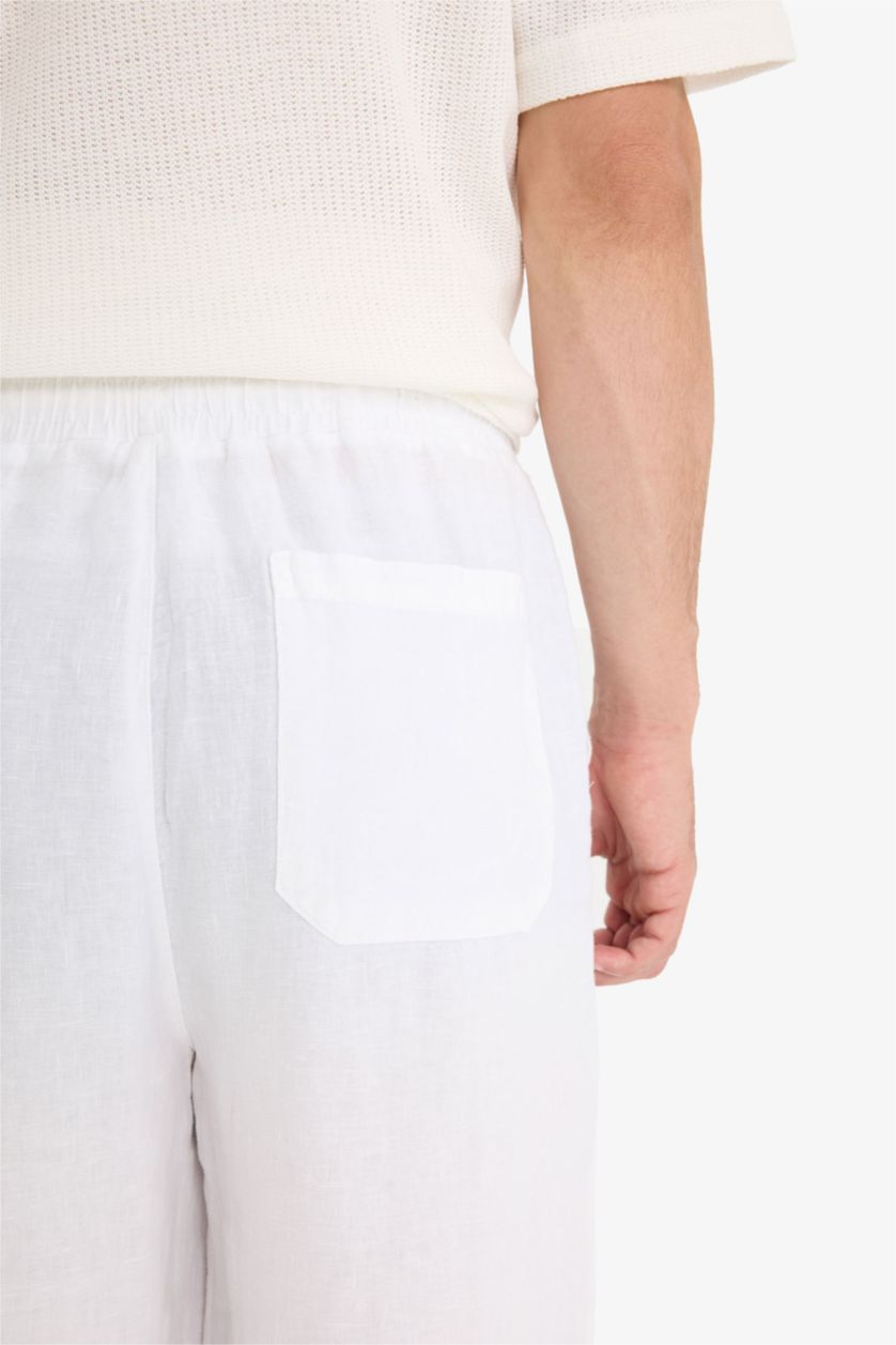 Erkek Beyaz %100 Keten Relax Fit Üç Cepli Geniş Paça Pantolon