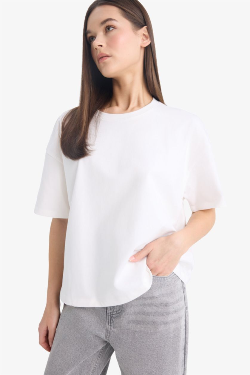 Kadın Kırık Beyaz Coool Loose Fit Basıc Beyaz Tişört