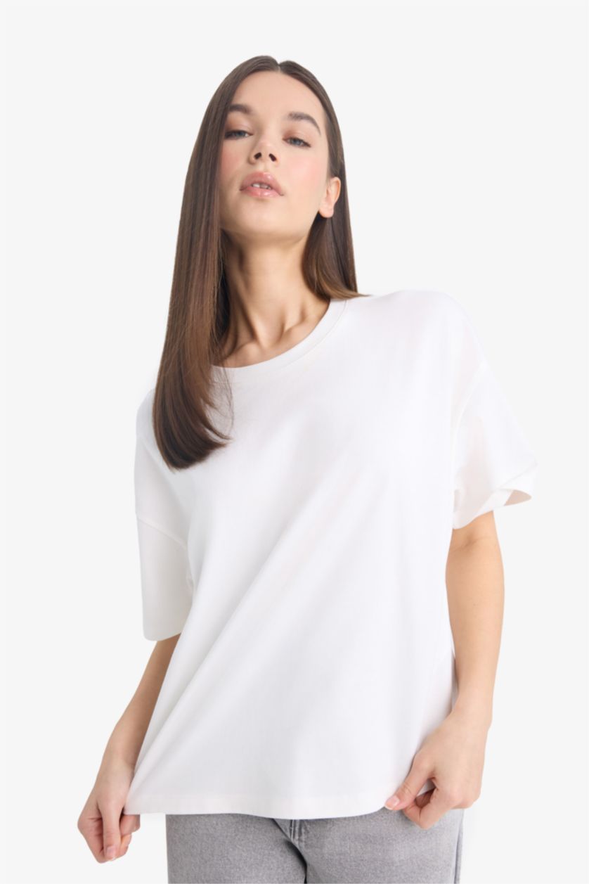 Kadın Kırık Beyaz Coool Loose Fit Basıc Beyaz Tişört