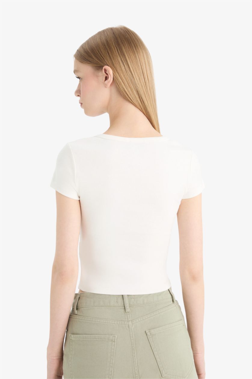 Kadın Kırık Beyaz Coool Fitted Basic Düz Ribana Kısa Kollu Tişört