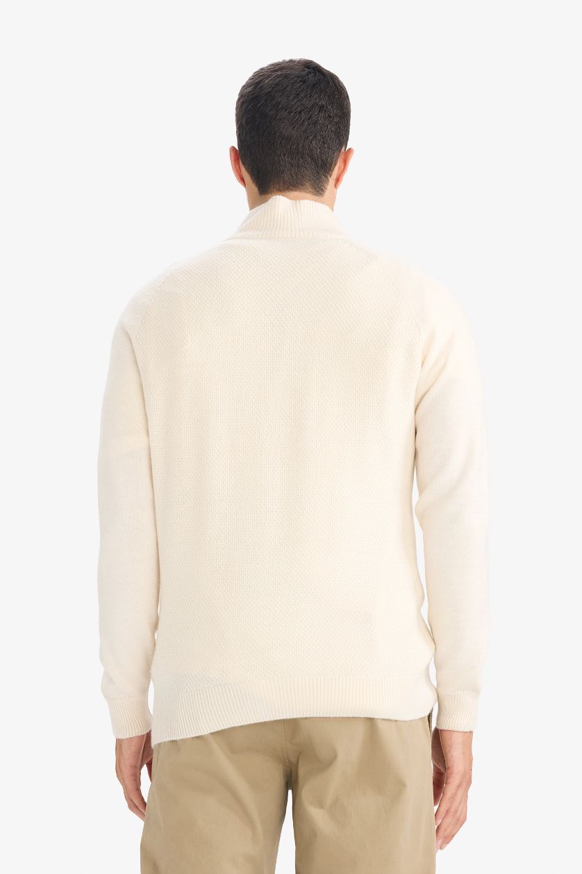 Erkek Ekru Dikişsiz Fermuarlı Triko Kazak