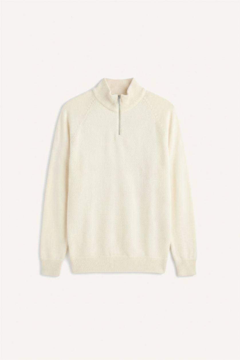 Erkek Ekru STANDART FIT Dikişsiz Fermuarlı Triko Kazak