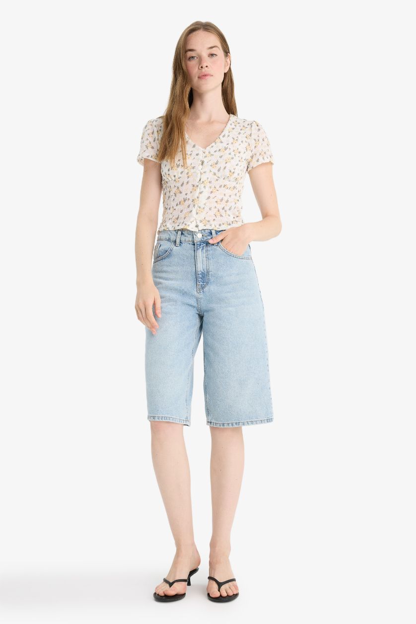 Әйелдерге Ашық Сары ұзын бұлшықет пішімі гүл v жаға Қысқа жеңді Блуза