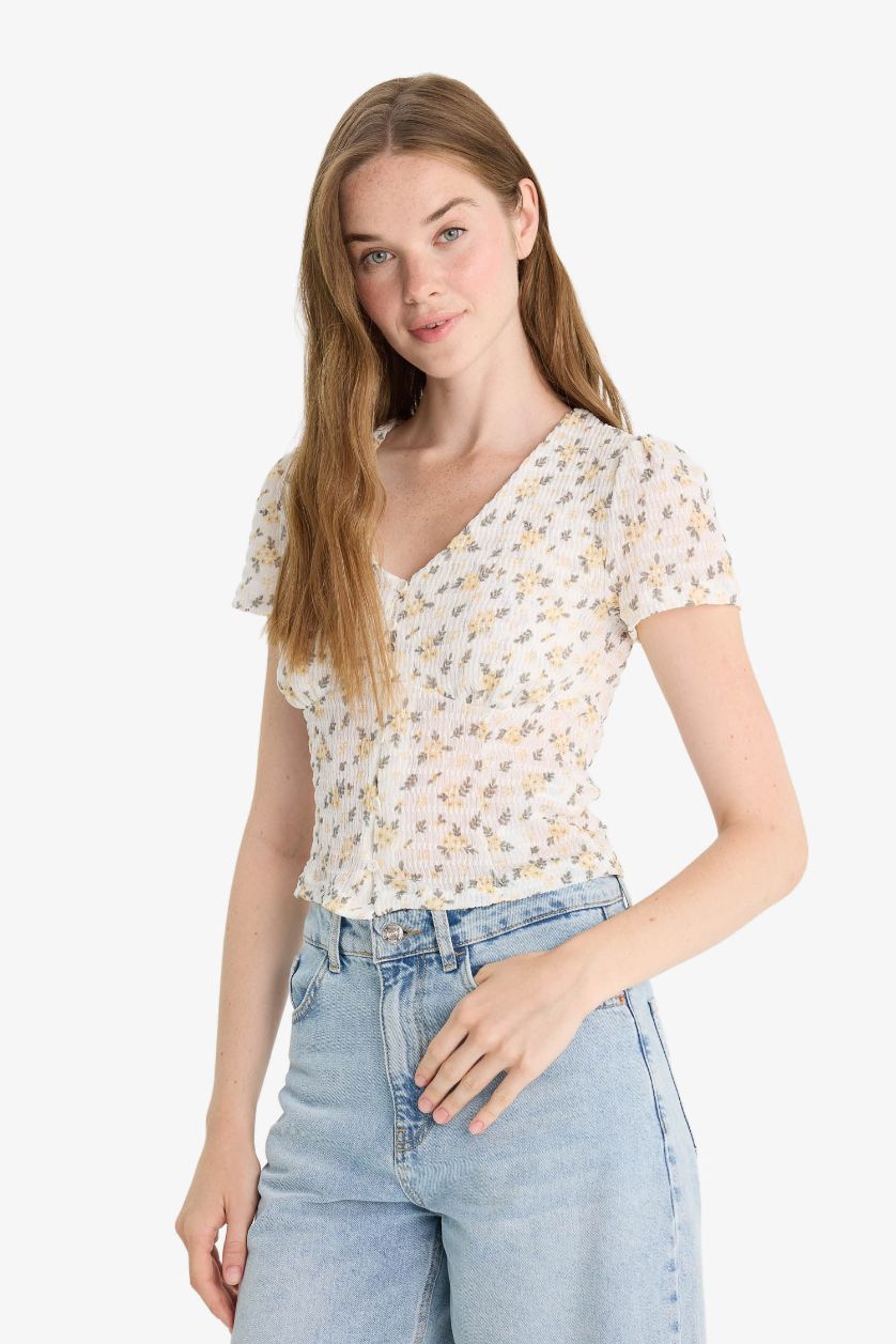 Әйелдерге Ашық Сары ұзын бұлшықет пішімі гүл v жаға Қысқа жеңді Блуза