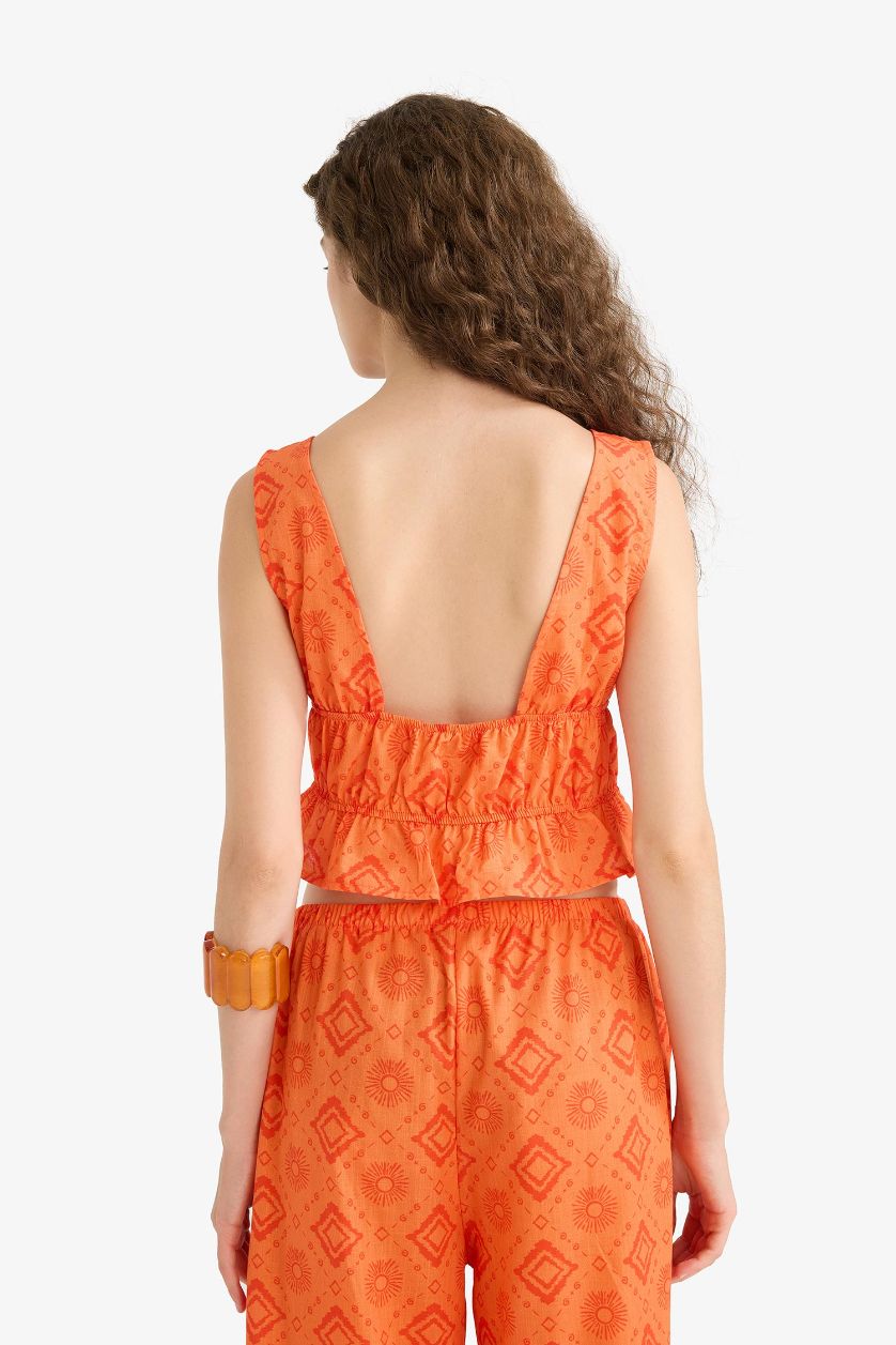 حريمي برتقالي بلوزة كروب سليم فيت بياقة V برباط من الأمام