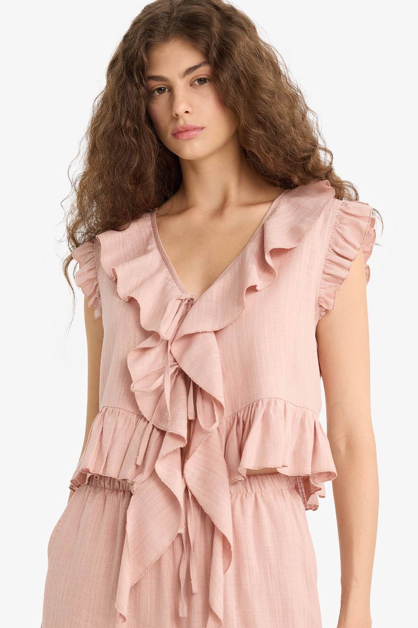 FEMME Bordeaux Blouse sans manches texturée à volants Coupe régulière