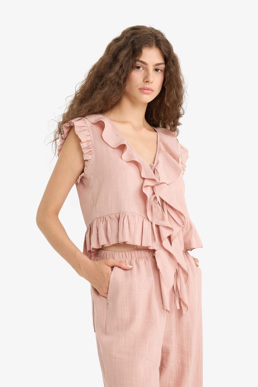 FEMME Bordeaux Blouse sans manches texturée à volants Coupe régulière