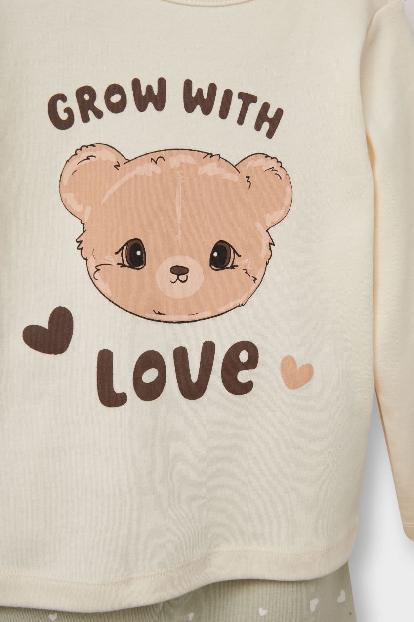 Kız Bebek Açık Haki 3'lü Takım Kapüşonlu Çıtçıtlı Hırka Baskılı Uzun Kollu Tişört Alt Kız Bebek