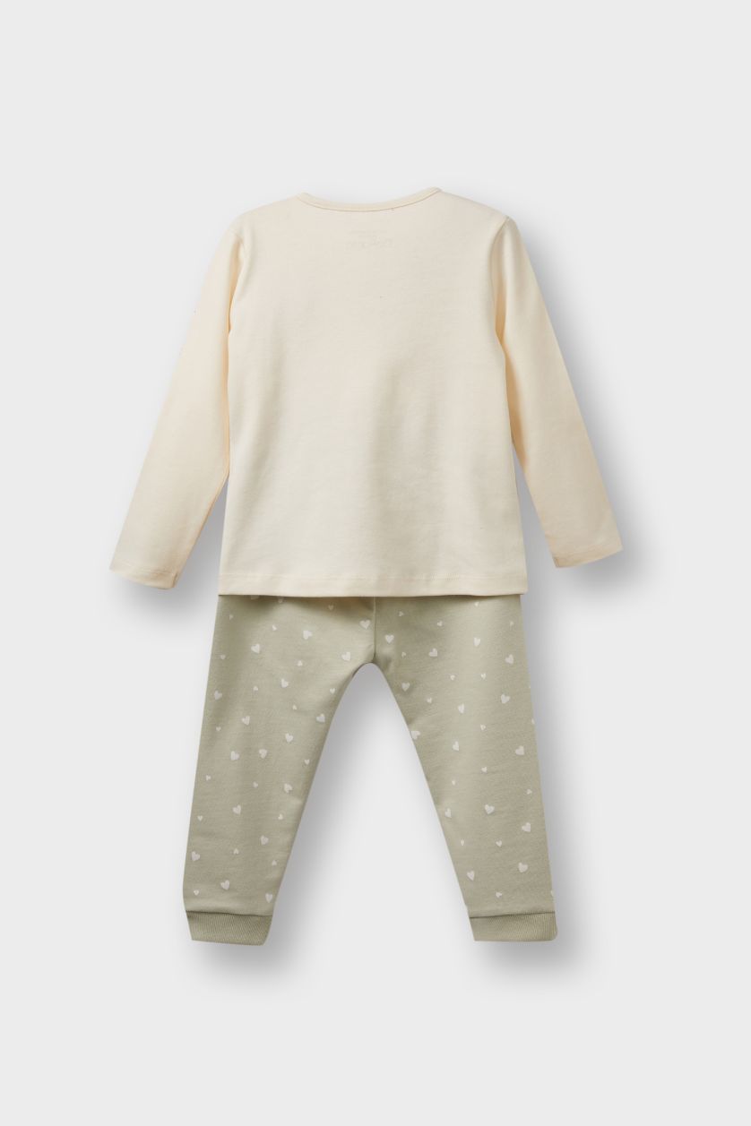 Kız Bebek Açık Haki 3'lü Takım Kapüşonlu Çıtçıtlı Hırka Baskılı Uzun Kollu Tişört Alt Kız Bebek