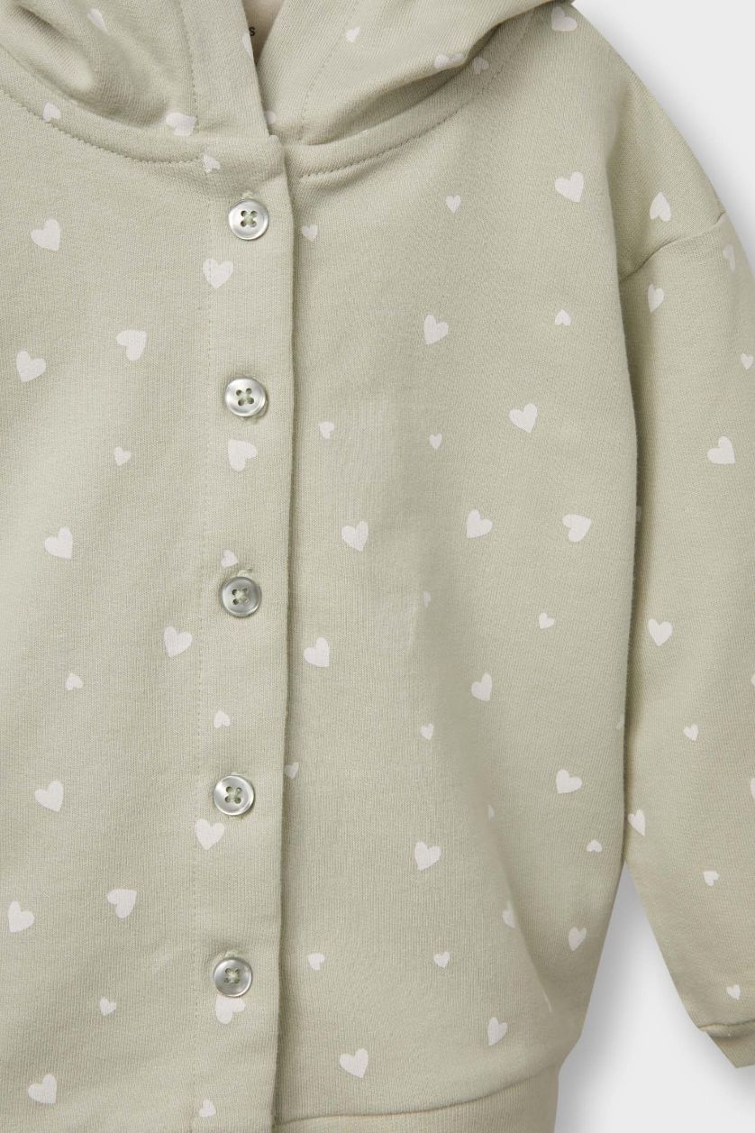 Kız Bebek Açık Haki 3'lü Takım Kapüşonlu Çıtçıtlı Hırka Baskılı Uzun Kollu Tişört Alt Kız Bebek