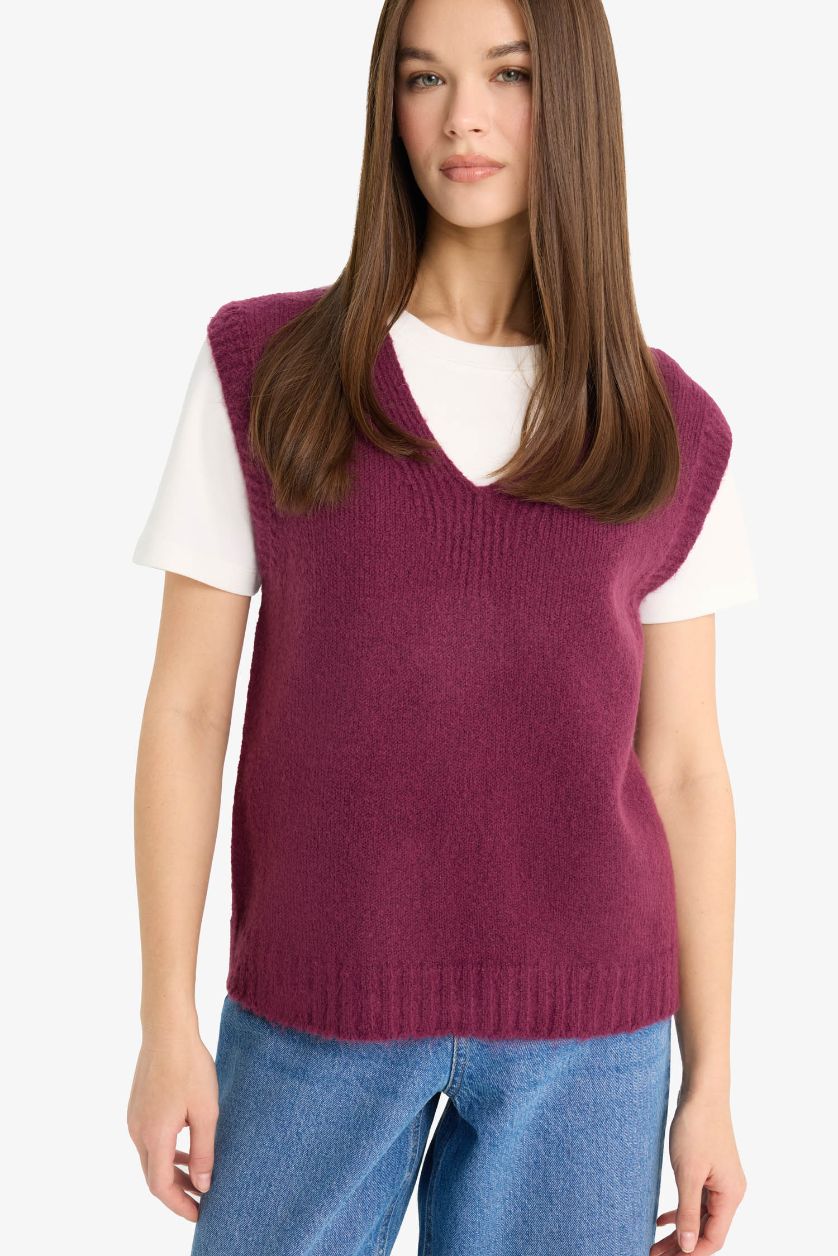 Kadın Koyu Mor Regular Fit V Yaka Basic Düz Triko Süveter