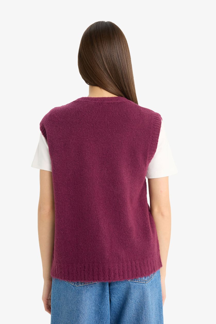 Kadın Koyu Mor Regular Fit V Yaka Basic Düz Triko Süveter