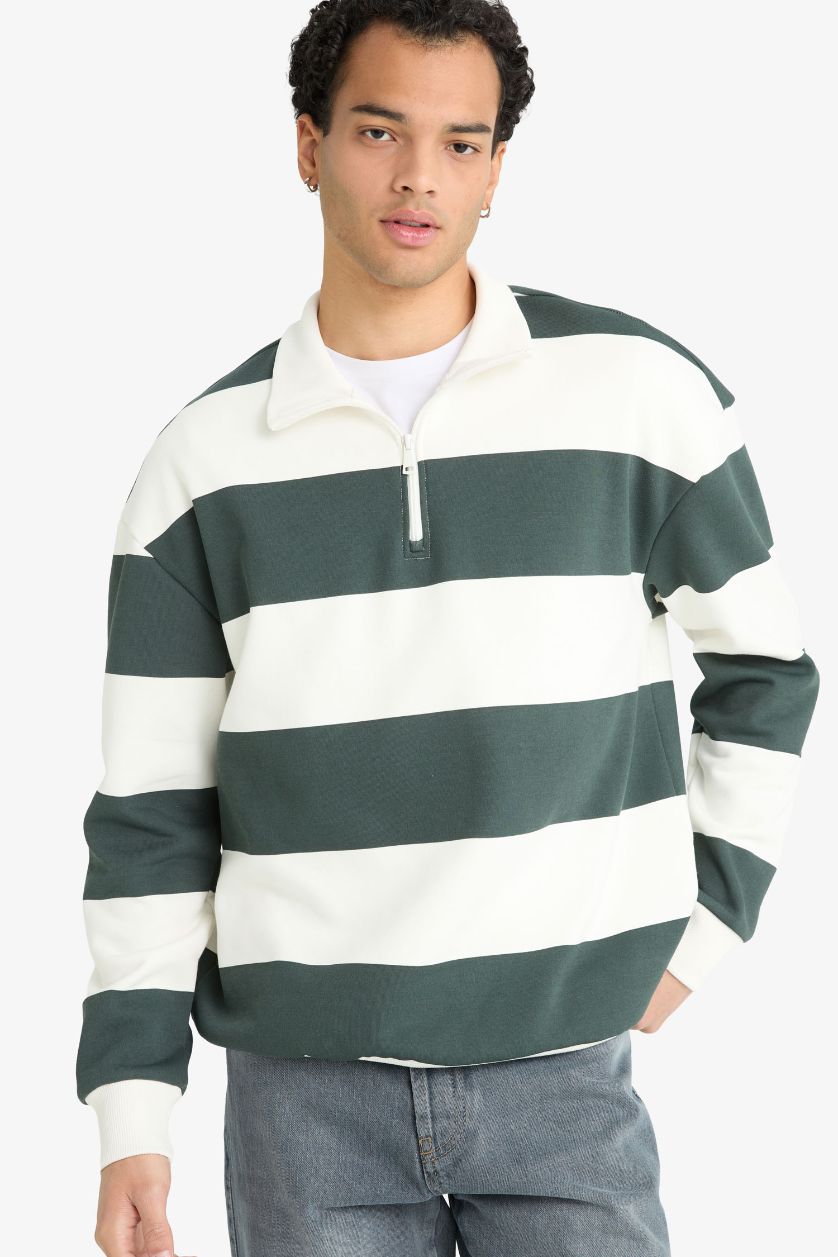 Man Dark Petrol Boxy Fit Striped Long Sleeve Sweatshirt