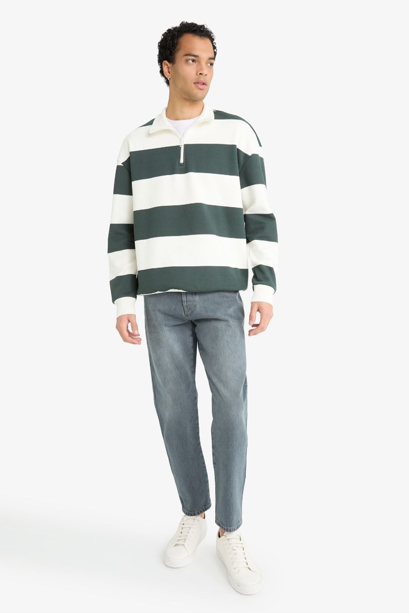 Man Dark Petrol Boxy Fit Striped Long Sleeve Sweatshirt
