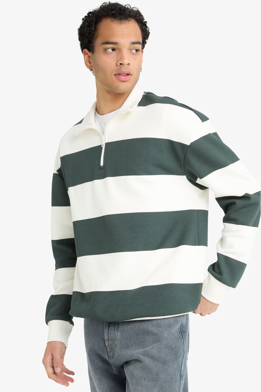 Man Dark Petrol Boxy Fit Striped Long Sleeve Sweatshirt