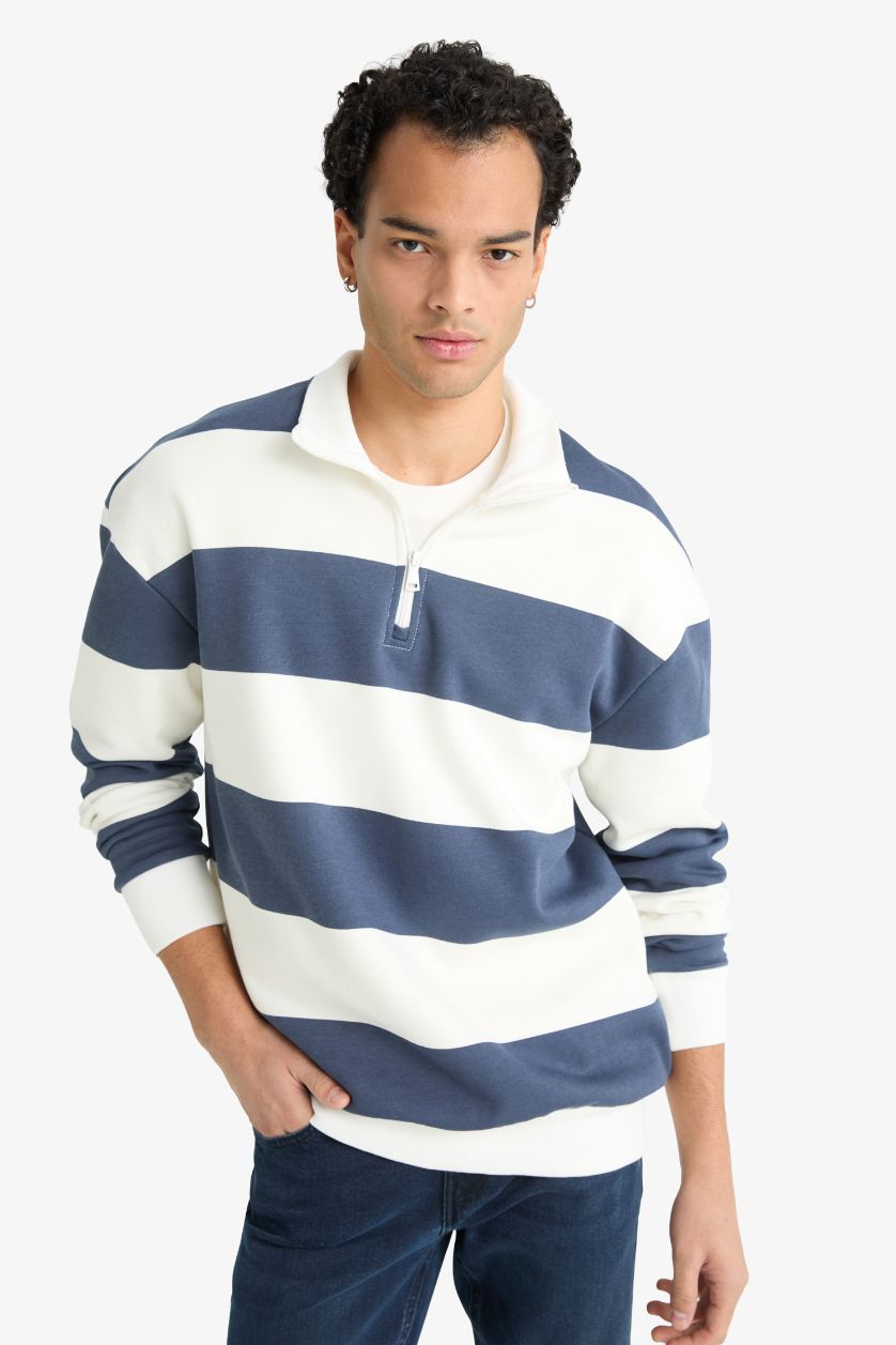 Erkek Lacivert Boxy Fit Dik Yaka Yarım Fermuarlı Çizgili Sweatshirt