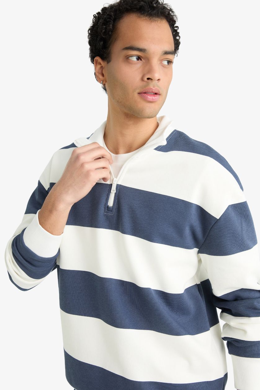 Erkek Lacivert Boxy Fit Dik Yaka Yarım Fermuarlı Çizgili Sweatshirt