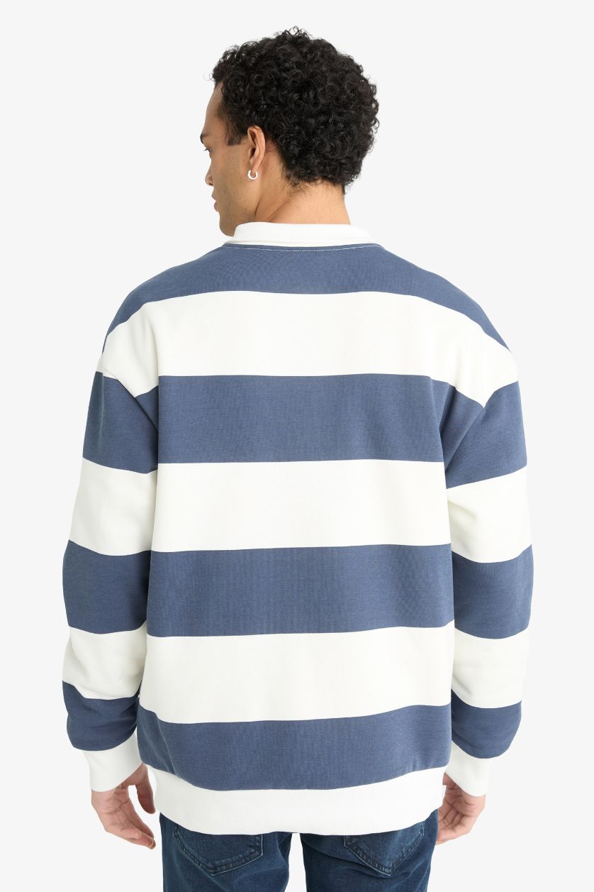 Erkek Lacivert Boxy Fit Dik Yaka Yarım Fermuarlı Çizgili Sweatshirt