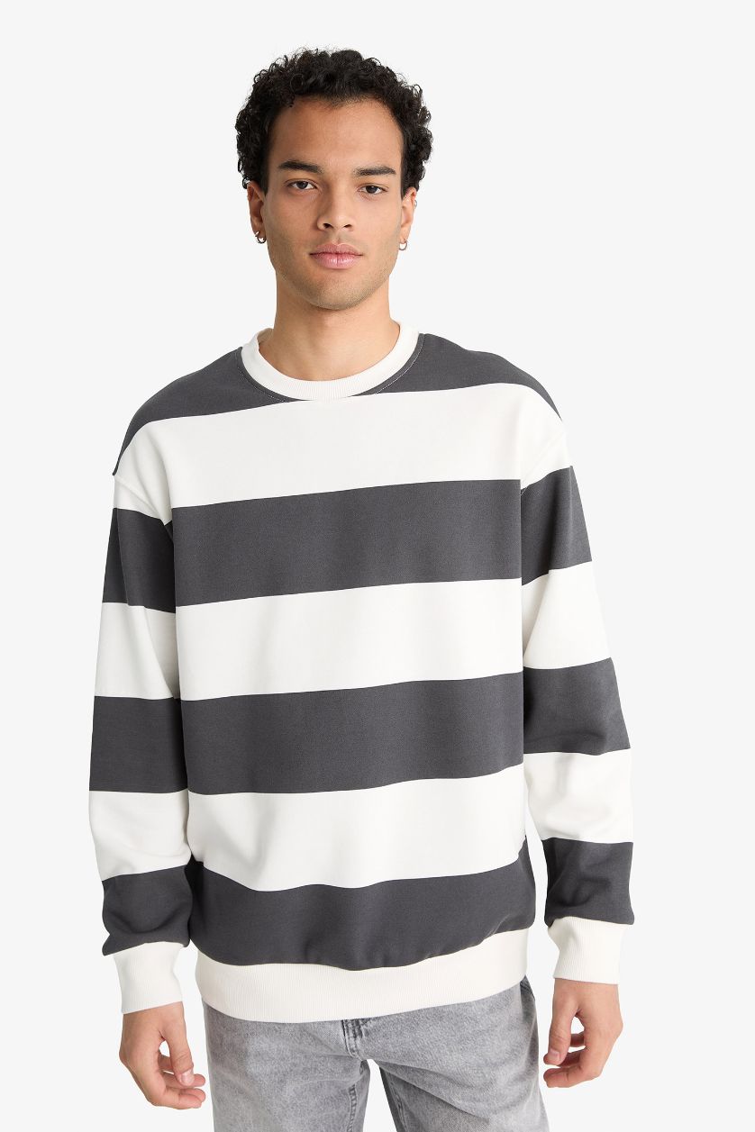 Erkek Antrasit Boxy Fıt Bisiklet Yaka Çizgili Sweatshirt