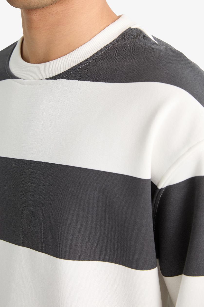 Erkek Antrasit Boxy Fıt Bisiklet Yaka Çizgili Sweatshirt